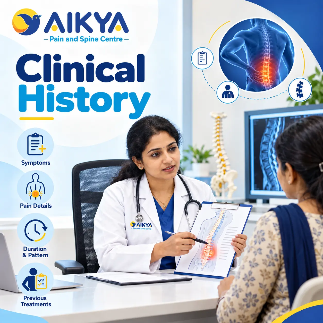 Dr. Kalpana K taking a detailed back pain history from a patient at AIKYA Pain and Spine Centre, Marathahalli