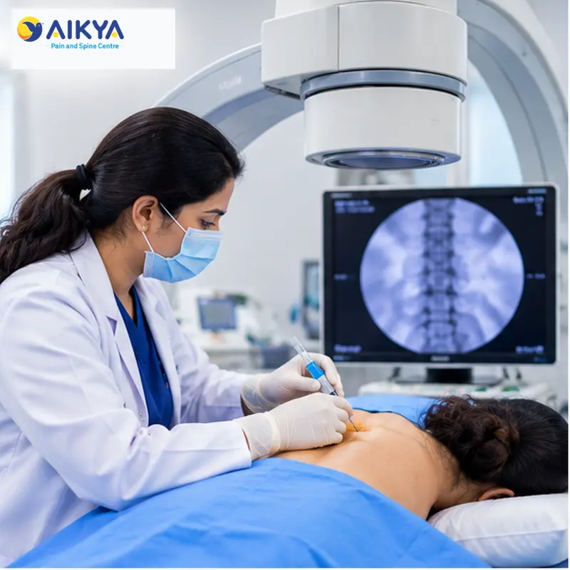 Fluoroscopy-guided spine injection performed under the C-arm at AIKYA's back pain clinic in Marathahalli