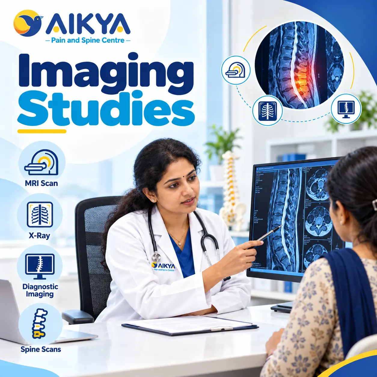 Doctor reviewing lumbar spine MRI and X-ray images with a patient during back pain imaging studies