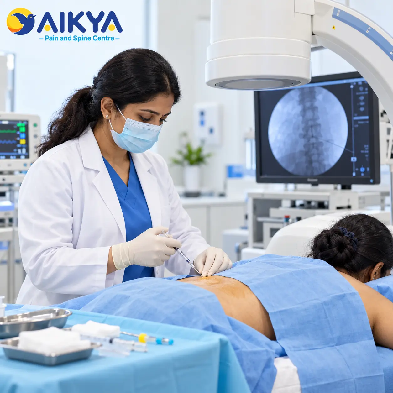 Image-guided nerve block for back pain performed under C-arm fluoroscopy at AIKYA, Marathahalli