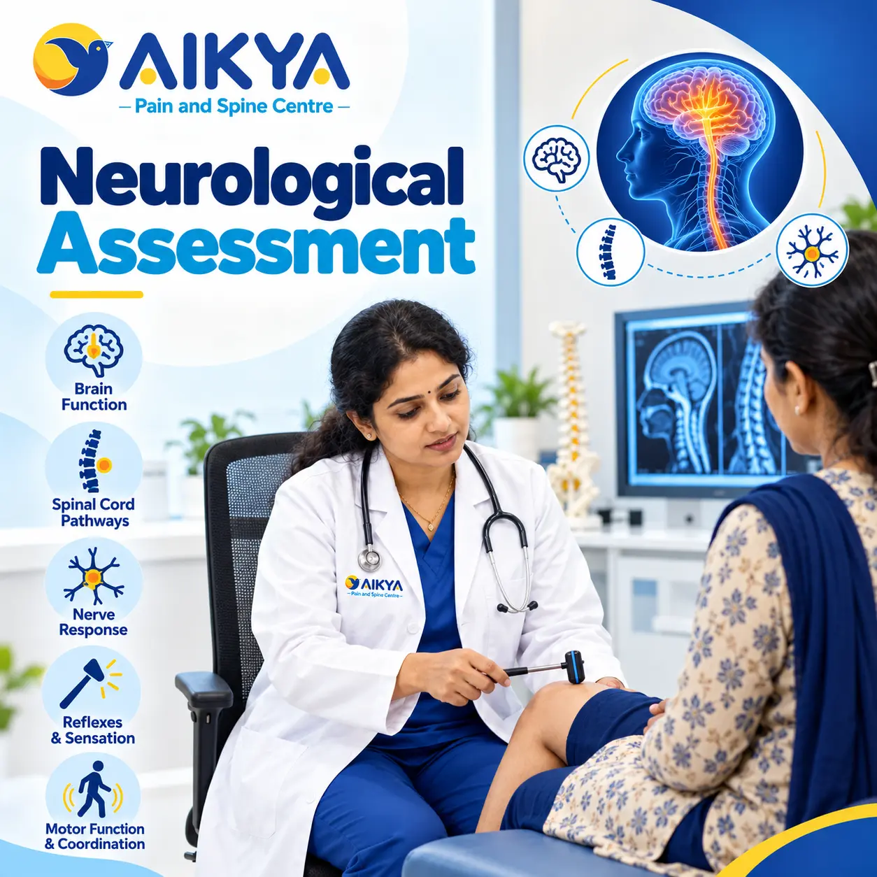 Doctor testing leg power, reflexes and sensation during a neurological assessment for back pain
