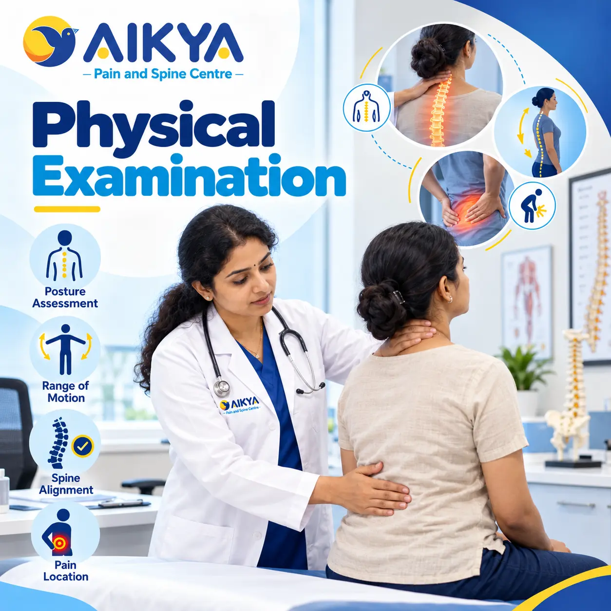Clinician checking spinal movement and posture during a back pain physical examination in Bangalore