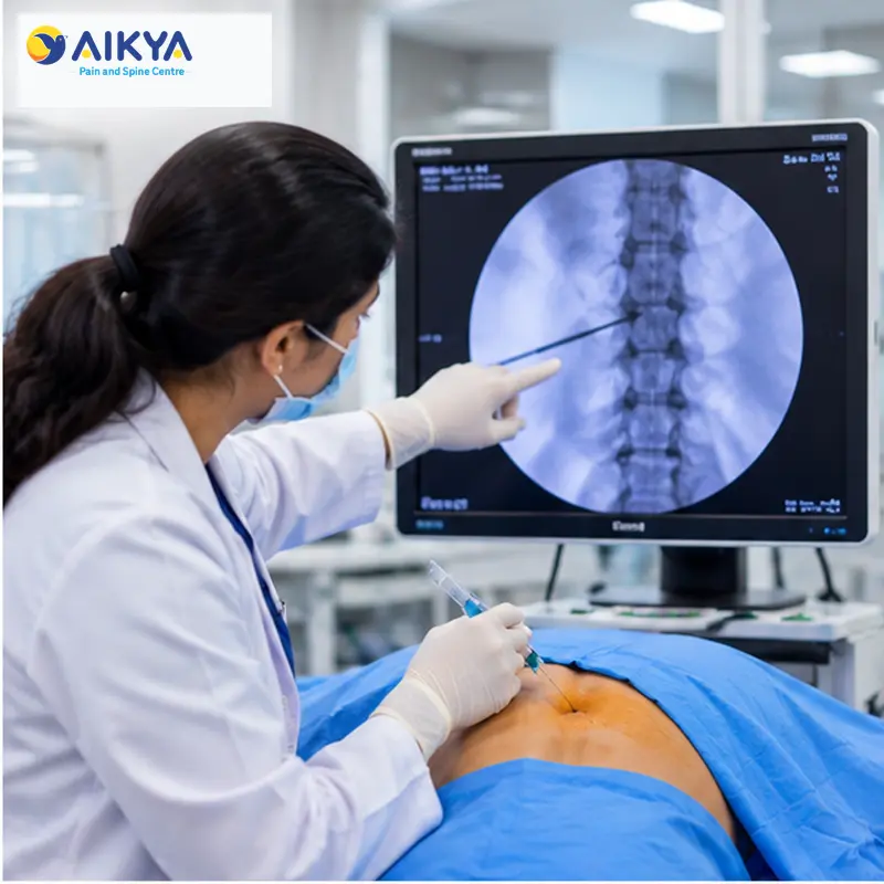 Needle position confirmed on live X-ray during a back pain procedure at AIKYA, Bangalore
