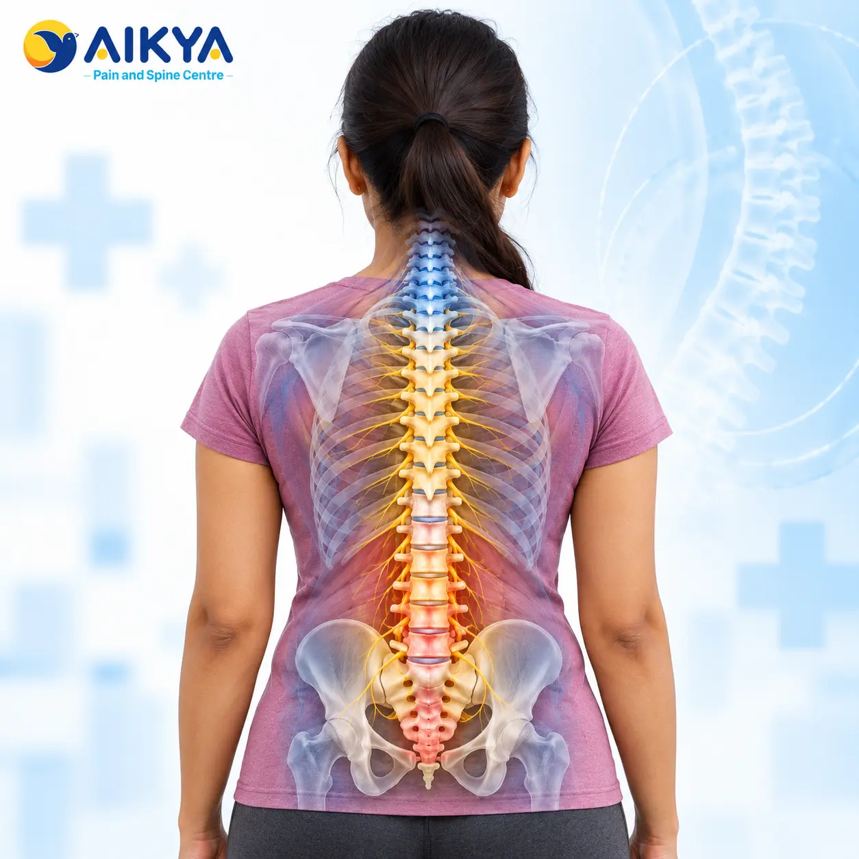 Illustration of the human spine over a patient's back showing the cervical, thoracic and lumbar regions used to explain back pain