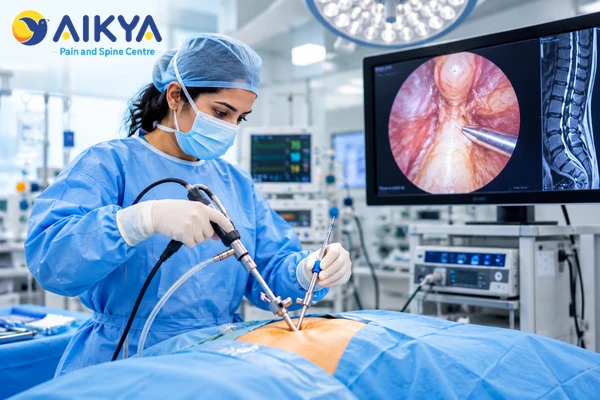 Endoscopic back surgery in progress through a keyhole incision with the spine shown on the monitor