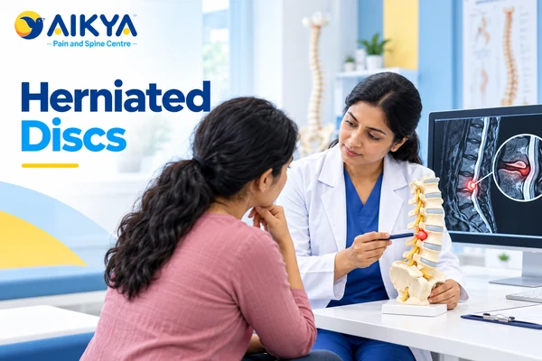 Doctor explaining a herniated disc on a spine model and MRI during a back pain consultation in Bangalore