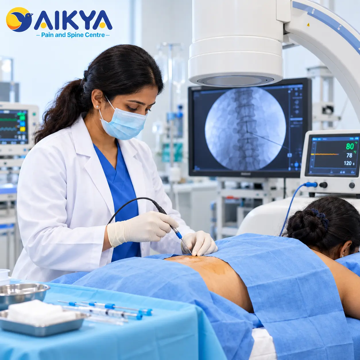 Radiofrequency ablation for back pain performed beneath the C-arm detector at AIKYA, Bangalore