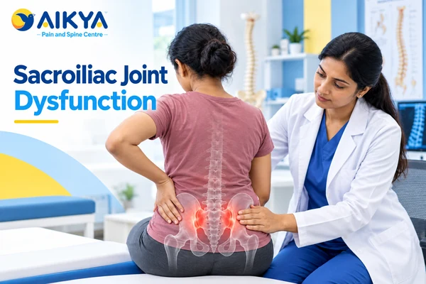 Sacroiliac joints highlighted where the spine meets the pelvis, the site of sacroiliac joint dysfunction