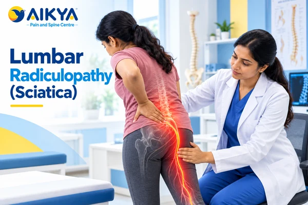 Pain path from the lower back down the leg showing lumbar radiculopathy, also called sciatica
