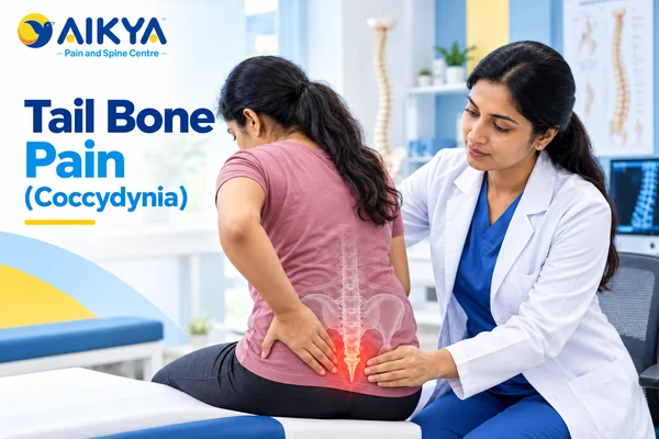 Pain highlighted at the base of the spine showing coccydynia, or tail bone pain, treated at AIKYA in Bangalore